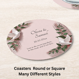 Names Date Message Pink Roses & Doves Wedding Round Paper Coaster
