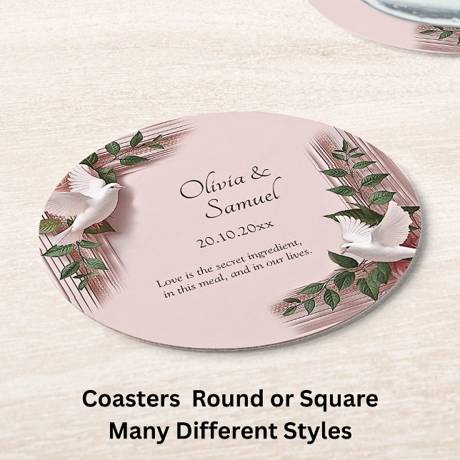 Names Date Message Pink Roses & Doves Wedding Round Paper Coaster (Creator Uploaded)