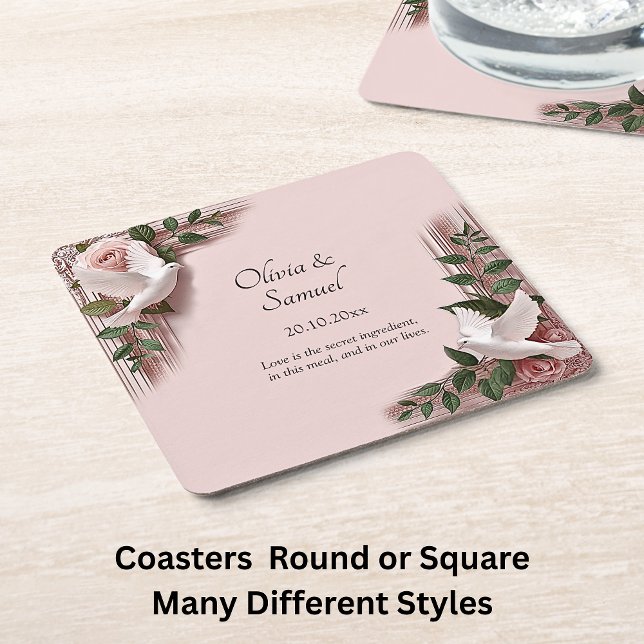 Names Date Message Pink Roses & Doves Wedding Square Paper Coaster (Creator Uploaded)