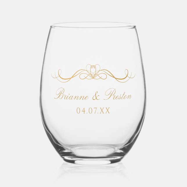 Names Date Modern Elegant Gold Script Wedding Gift Stemless Wine Glass (Front)