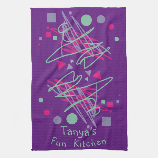 Name's Fun Kitchen Pink Purple Teal Shapes Medley  Tea Towel (Vertical)