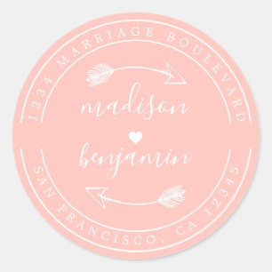 Names Heart Arrow  Pink Wedding Return Address Classic Round Sticker