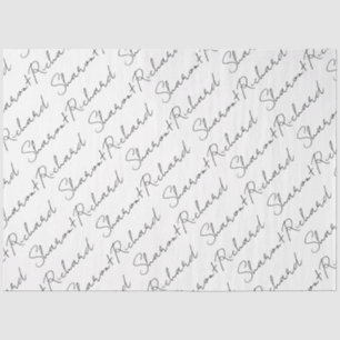 Names in black, white script calligraphy wedding tissue paper