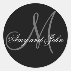 Names & Initial Monogram Wedding Sticker Black