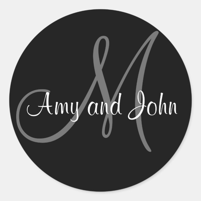Names & Initial Monogram Wedding Sticker Black (Front)
