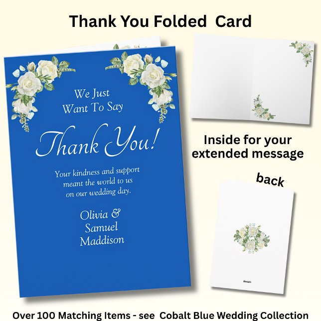 Names & Message on Cobalt Blue & White Roses Thank You Card (Creator Uploaded)