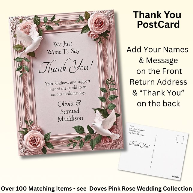 Names & Message on Pink Roses & Doves Wedding Postcard (Creator Uploaded)