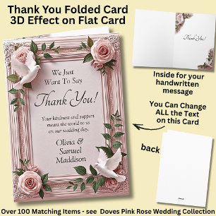 Names & Message on Pink Roses & Doves Wedding Thank You Card