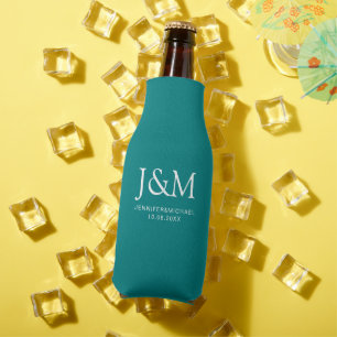 Names Monogram Dark Teal Template Wedding Date Bottle Cooler