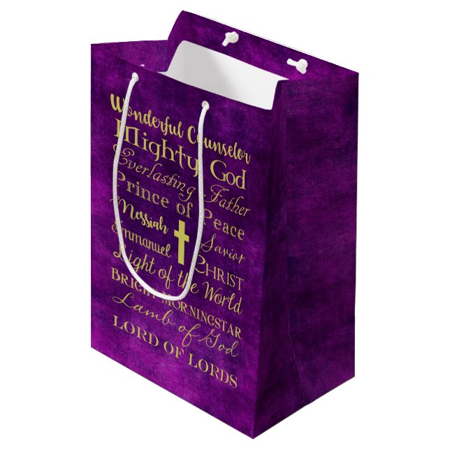 Names of Jesus Purple Gift Bag (Front Angled)