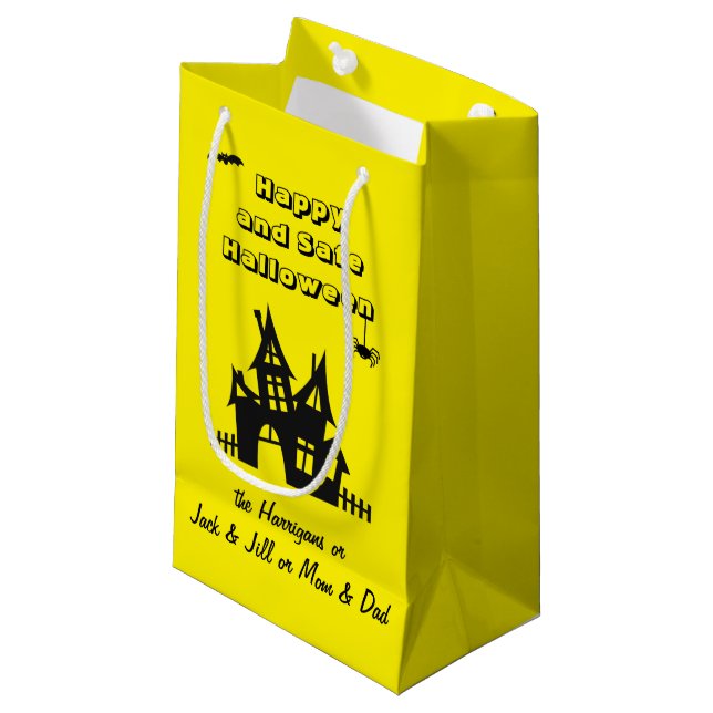 Names on Haunted House Halloween Yellow Small Gift Bag (Front Angled)