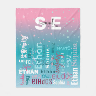 Names Pattern Typography Pink Blue Baby Boy Girl Fleece Blanket