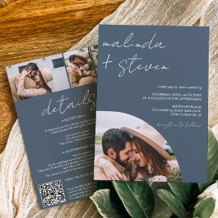 Names script arch blue 4 photo all in one wedding invitation