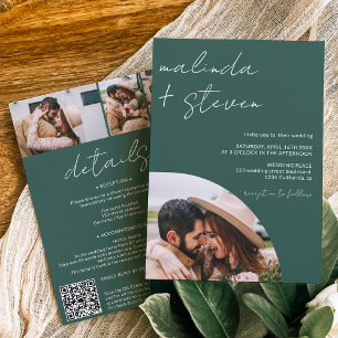 Names script arch green 4 photo all in one wedding invitation