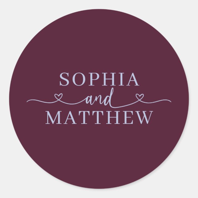 Names Script Heart Wedding Burgundy Periwinkle Classic Round Sticker (Front)