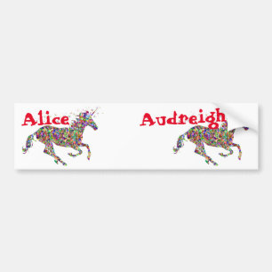 Nametags Alice and Audreigh Multicolored Unicorn Bumper Sticker