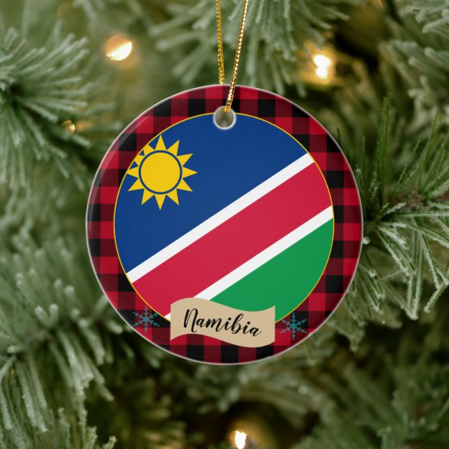 Namibia, Red buffalo plaid & Namibian Flag Ceramic Tree Decoration (Tree)