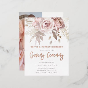Naming Ceremony Dusty Rose Floral Rose Gold Foil Invitation Postcard