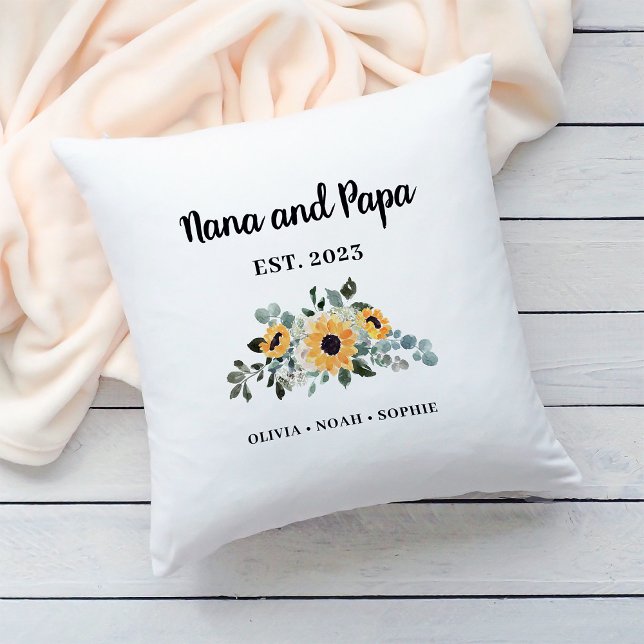 Nana and Papa | Rustic Sunflower and Names Cushion (A simple, elegant pillow keepsake for your Nana and Papa)