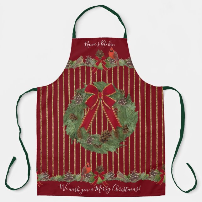 Nana Christmas Red Cardinals Wreath Gold Glitter   Apron (Front)