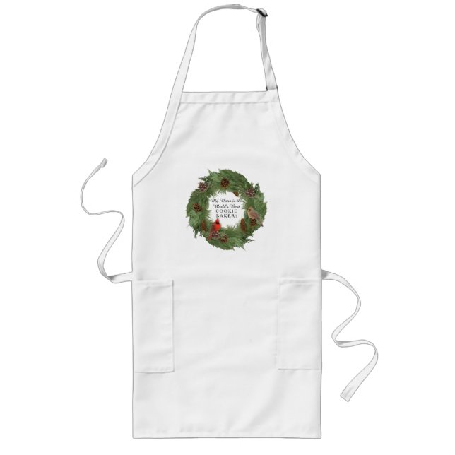 Nana Cookie Holiday Christmas Wreath Cardinal Bird Long Apron (Front)