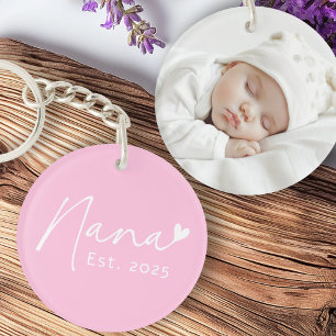 Nana Est year handwritten script heart pink photo Key Ring