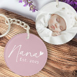 Nana Est year handwritten script with heart photo Key Ring<br><div class="desc">Photo keychain featuring the text "Nana" in a handwritten style script font with a little heart at the end and the est year below.</div>