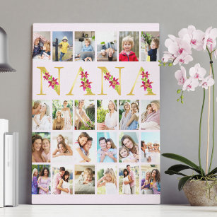 Nana Floral Gold Letters 24 Vertical Photo Collage Canvas Print