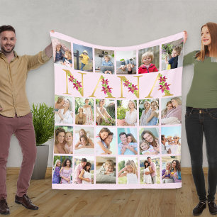 Nana Floral Letters 24 Vertical Photo Collage Pink Fleece Blanket