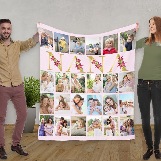 Nana Floral Letters 24 Vertical Photo Collage Pink Fleece Blanket (Creator Uploaded)