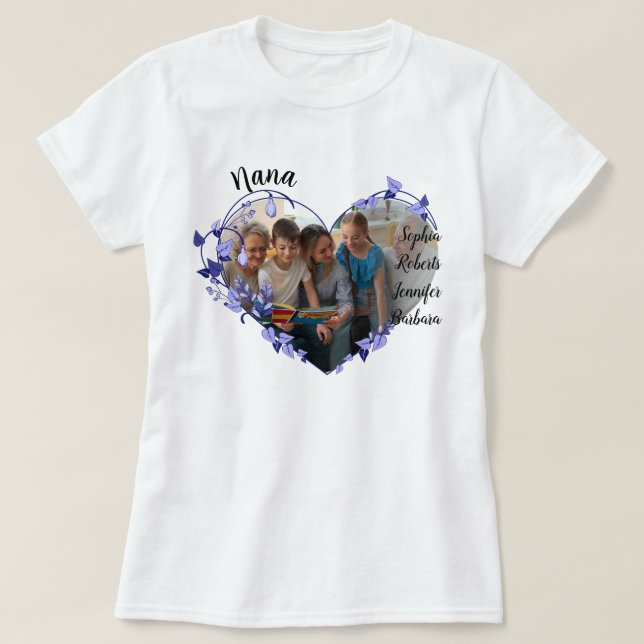 Nana flower heart With Grandkids Names & Photo T T-Shirt (Design Front)