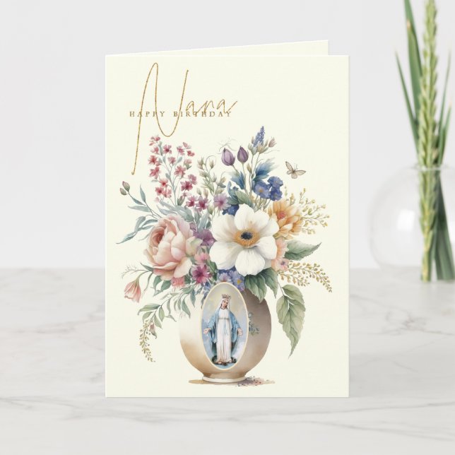 Nana Happy Birthday Floral Virgin Mary Thank You Card (Front)