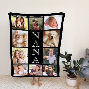 Nana Photo Collage Personalised Black Fleece Blanket