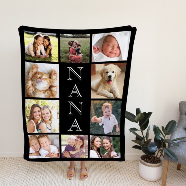 Nana Photo Collage Personalised Black Fleece Blanket (Creator Uploaded)