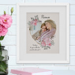 Nana Pink Floral Heart Shaped Photo Gold Frame Poster<br><div class="desc">Custom Photo poster which you can personalise for anyone and add a favourite saying or words from the heart. Your photo is set into a geometric heart shaped gold frame. The gemstone frame is decorated with watercolor bouquets of pink flowers. It is lettered with the wording "Nana .. thank you...</div>