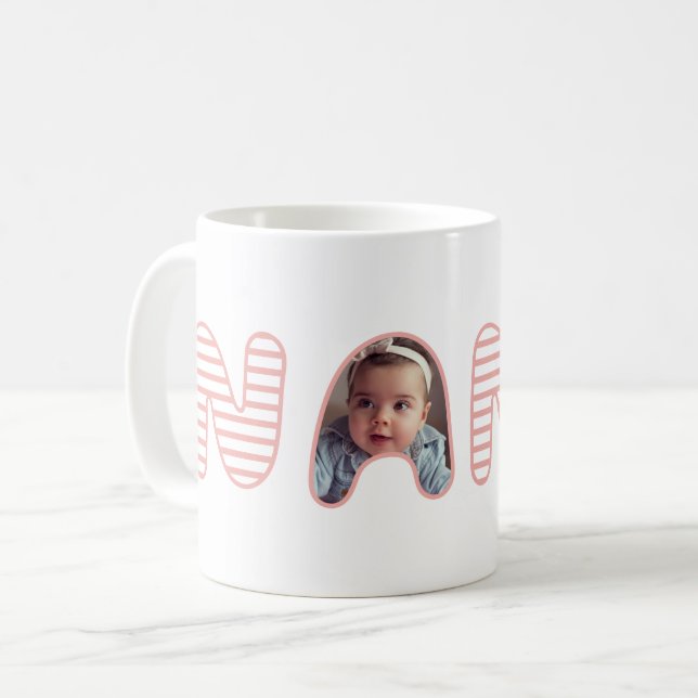 Nana Pink Stripe Bubble Lettering Photo Collage Coffee Mug (Front Left)