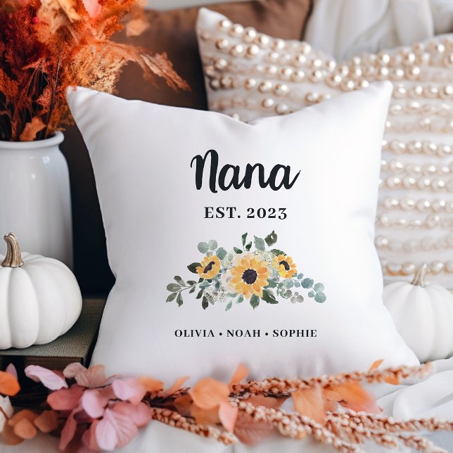 Nana | Pretty Rustic Sunflower and Names Cushion (A pretty, rustic keepsake pillow with sunflowers for your Nana)