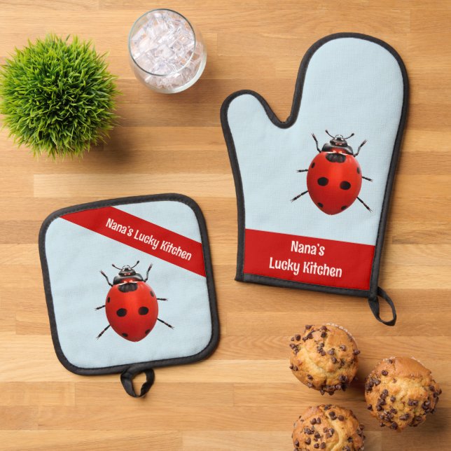 Nana’s Lucky Kitchen Ladybug Oven Mitt & Pot Holder Set (Top Down)