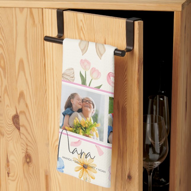 Nana Three photo pink bow Text script overlay  Tea Towel (Thirds Fold)