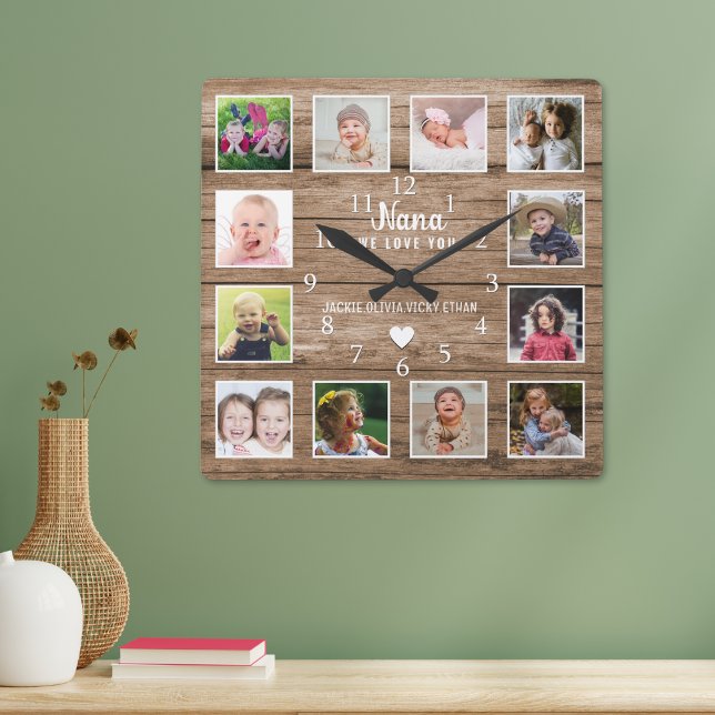 Nana We Love You 12 Photo Collage Rustic Wood Square Wall Clock (Creator Uploaded)