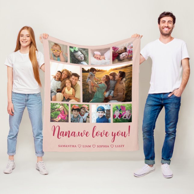  Nana We Love You Grandkids 10 Photo Collage Pink Fleece Blanket (In Situ)