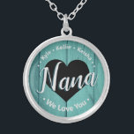 Nana We Love You Grandkids Name Necklace<br><div class="desc">Nana We Love You personalised grand kids name template. Easy to use,  just change the grand kids names to your own children.  All text is unlocked and customisable if needed. Cute rustic wood grain background.</div>