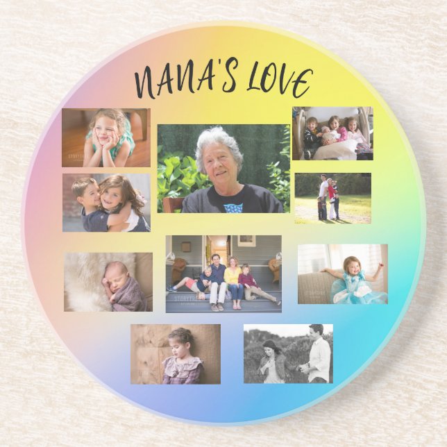 Nana's Love 10 Photo Modern Pink Blue Yellow  Coaster (Front)