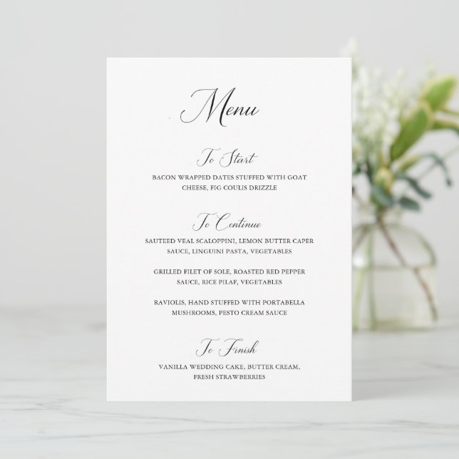 Nancy Black and White Modern Wedding Menu (Standing Front)