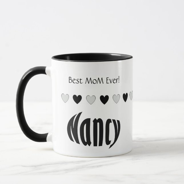 NANCY Personalised Name, Black and White Hearts Mug (Left)