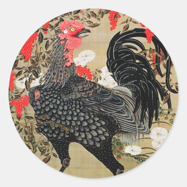 Nandina and Rooster Illustration by Ito Jakuchu Classic Round Sticker (Front)