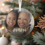 Nani Grandma Script Overlay Glass Tree Decoration<br><div class="desc">Create a sweet gift for a special grandmother with this beautiful custom ornament. "Nani" appears as an elegant white script overlay on your favorite photo of grandma and her grandchild or grandchildren.</div>