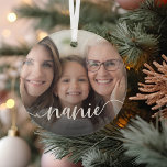 Nanie Grandma Script Overlay Glass Tree Decoration<br><div class="desc">Create a sweet gift for a special grandmother with this beautiful custom ornament. "Nanie" appears as an elegant white script overlay on your favorite photo of grandma and her grandchild or grandchildren.</div>