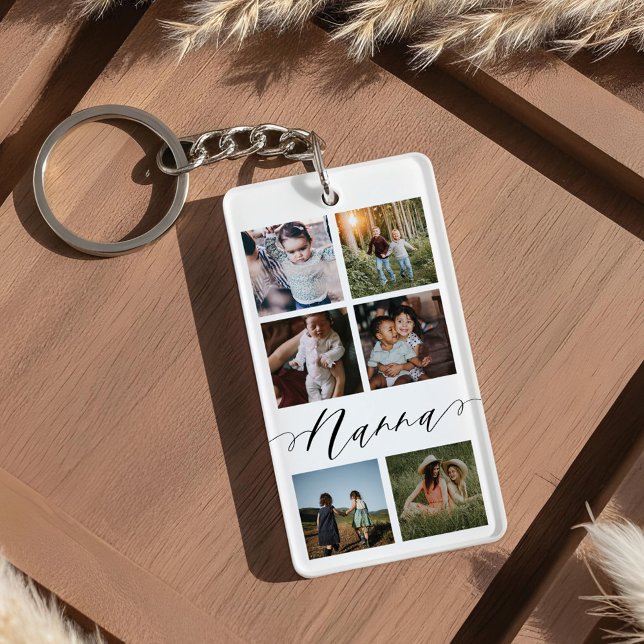 Nanna Script | Grandchildren Photo Grid Collage Key Ring (Nanna Script | Grandchildren Photo Grid Collage Keychain)
