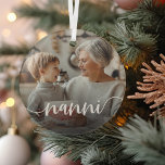 Nanni Grandma Script Overlay Glass Tree Decoration<br><div class="desc">Create a sweet gift for a special grandmother with this beautiful custom ornament. "Nanni" appears as an elegant white script overlay on your favorite photo of grandma and her grandchild or grandchildren.</div>